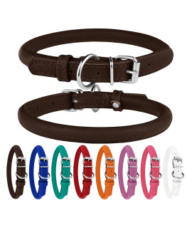 BRONZEDOG Rolled Leather Dog Collar Round Rope Pet Collars for Small Medium Large Dogs Puppy Cat Red Pink Blue Teal Brown (Neck Size 12'' - 14'', Brown)