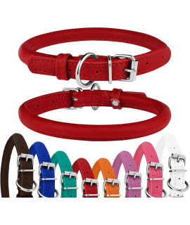 BRONZEDOG Rolled Leather Dog Collar Round Rope Pet Collars for Small Medium Large Dogs Puppy Cat Red Pink Blue Teal Brown (12-14 Inch, Red)