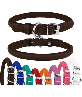 BRONZEDOG Rolled Leather Dog Collar Round Rope Pet Collars for Small Medium Large Dogs Puppy Cat Red Pink Blue Teal Brown (Neck Size 16'' - 18'', Brown)