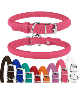 BRONZEDOG Rolled Leather Dog Collar Round Rope Pet Collars for Small Medium Large Dogs Puppy Cat Red Pink Blue Teal Brown (Neck Size 12'' - 14'', Pink)
