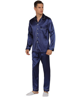 YIMANIE Mens Silk Satin Pajamas Set classic Sleepwear Loungewear Navy