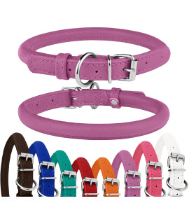 BRONZEDOG Rolled Leather Dog Collar Round Rope Pet Collars for Small Medium Large Dogs Puppy Cat Red Pink Blue Teal Brown (Neck Size 16'' - 18'', Rose)