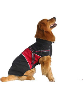 ASMPET Waterproof Dog Coats with Harness, Cold Weather Fleece Lined Vest for Large Dog, Windproof Athletic Dog Jacket, Red 4XL