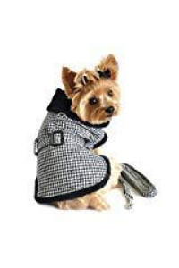 DOGGIE DESIGN Black and White Classic Houndstooth Dog Harness Coat with Leash (XX-Large)