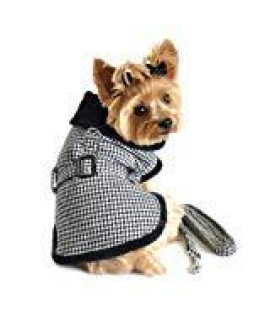 DOGGIE DESIGN Black and White Classic Houndstooth Dog Harness Coat with Leash (XX-Large)