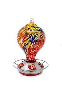 Grateful Gnome - Hummingbird Feeder - Hand Blown Glass - Large Red Egg with Flowers - 36 Fluid Ounces with Free Bonus Accessories S-Hook, Ant Moat, Brush and Hemp Rope Included