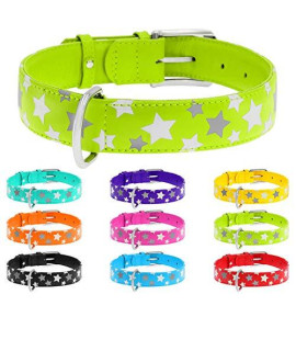 WAUDOG Reflective Leather Dog Collar - Durable Dog Collars for Small Medium Large Dogs Puppy - Red Blue Pink Purple Green Black Safety - Soft Padded - Stars Plus (Large 18" - 23" Neck, Light Green)