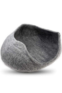 100% Natural Wool Large Cat Cave - Handmade Premium Shaped Felt - Makes Great Covered Cat House and Bed for Kitty. for Indoor Cozy Hideaway. Large Pod Soft Hooded Bed Area. (Gray Big Open Cave )