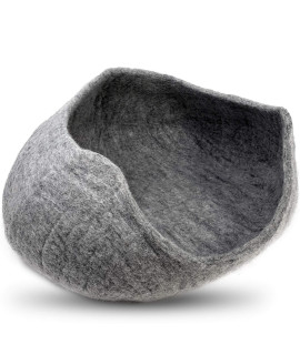 100% Natural Wool Large Cat Cave - Handmade Premium Shaped Felt - Makes Great Covered Cat House and Bed for Kitty. for Indoor Cozy Hideaway. Large Pod Soft Hooded Bed Area. (Gray Big Open Cave )