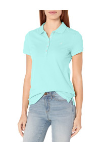 Nautica Womens 5-Button Short Sleeve Breathable 100 cotton Polo Shirt, Aruba Blue, Medium