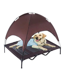 Reliancer Large 48" Elevated Dog Cot with Canopy Shade 1680D Oxford Fabric Outdoor Pet Cat Cooling Bed Tent w/Convenient Carrying Bag Indoor Sturdy Steel Frame Portable for Camping Beach (48, Brown)