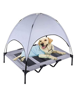 Reliancer Large 48" Elevated Dog Cot with Canopy Shade 1680D Oxford Fabric Outdoor Pet Cat Cooling Bed Tent w/Convenient Carrying Bag Indoor Sturdy Steel Frame Portable for Camping Beach (48, Grey)