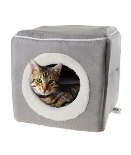 MISC Grey Cat Cube Bed Cozy Pet Home for Cats Enclosed Cat Bed Ottoman Hideaway Beds House Cuddly Fur Babies Kitty Cave Condo Gray White, Polyester