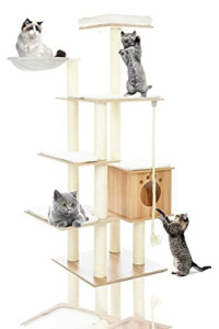 LAZY BUDDY 69?XXXL Modern Cat Tree Tower, Wood Cat Condo Stand, Large Cat Climber Playhouse Furniture w/6 Activity Level, Hammock, Sisal Rope, Removable& Washable Mats, Perch, for Kittens& Large Cats