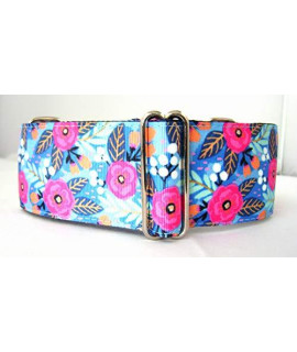 Regal Hound Designs 2 inch Wide Martingale Dog Collar, Lined, 2 Sizes, Blue Tropical Flowers (Large/XL 17-26")