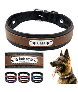 Hottest! Large Dog Collar Genuine Leather Dog Collar Personalized Pet Name ID Collar Padded Customized for Medium Large Dogs (L, Blue)