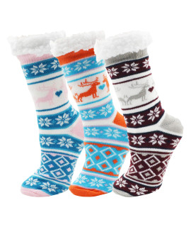 Fluffy Thermal Sherpa Socks, 3 Pairs for Women, Ultra Soft Slipper christmas Winter Non Skid (Fair Isle c)