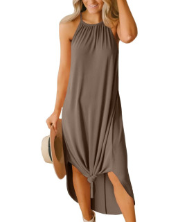 Women Summer casual Sleeveless Long Loose cotton Side Slit Halter Maxi Dresses Khaki XL