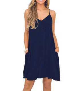 Misfay Womens Summer Casual Loose T Shirt Dresses Beach Cover Up Plain Tank Dress With Pockets (S, Navy Blue)