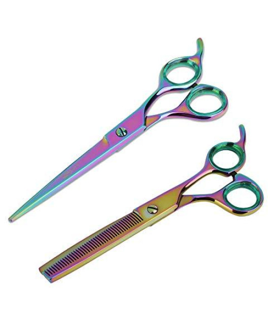 Sharf Gold Touch Rainbow Grooming Shears Kit, 7.5 Inch Straight Grooming Scissor & 6.5" 42-Tooth Thinning Scissors | Great for Professional Groomers for Pet, Dog or Cat Grooming & Home Groomer Scissor