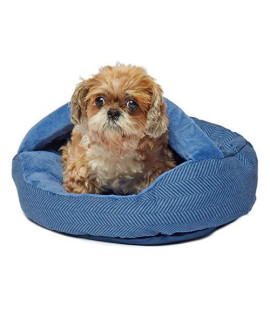 Precious Tails Round Hooded Pet Bed, Eco Friendly Deep Dish Cushion, Herringbone Burrowing Cave for Dogs and Cats, Hooded Donut Cuddler, Navy