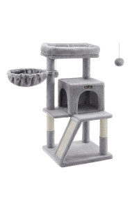 Feandrea Cat Tree, Small Cat Tower With Widened Perch For Large Cats Indoor, Kittens, 378-Inch Multi-Level Cat Condo With Scratching Posts And Ramp, 2-Door Cat Cave, Cat Basket, Light Gray Upct51W