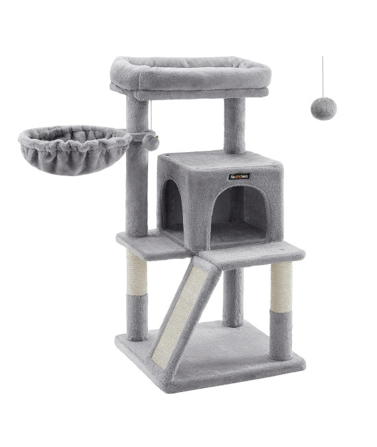 Feandrea Cat Tree, Small Cat Tower With Widened Perch For Large Cats Indoor, Kittens, 378-Inch Multi-Level Cat Condo With Scratching Posts And Ramp, 2-Door Cat Cave, Cat Basket, Light Gray Upct51W
