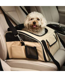Adorrable Pet Car Booster Seat Carrier for Small and Medium Dogs Cats Airline Approved Mesh Panels & Soft Sided Travel Cage with Seatbelt Khaki Medium