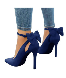 Piepiebuy Womens Pointed Toe High Heels Ankle Strap Dorsay Pumps Shoes Bow Wedding Bowtie Back Dress Sandals Navy