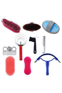 10Pcs Equine Grooming Kit, Horse Care Brush Hoof Pick Sweat Scraper Comb Cleaning Tool Set Great Grip Grooming Package