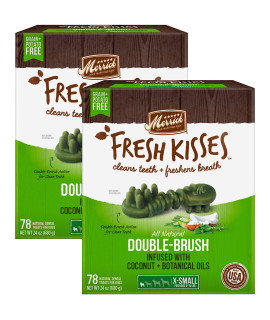 Merrick Fresh Kisses Double-Brush Dental Dog Treats, Infused with Coconut & Botanical Oils, Cleans & Freshens Breath for X-Small Dogs, 78 Dental Dog Treats/Pack (Pack of 2)