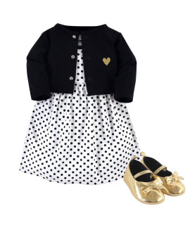 Hudson Baby Baby girl cotton Dress, cardigan and Shoe Set, Black Dot, 0-3 Months