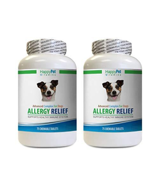 HAPPY PET VITAMINS LLC Dog Itch gaurd - Dog Allergy Relief - Immune Booster - Itch Relief - Skin Soother - Treats - stinging Nettle for Dogs - 2 Bottles (150 Chewable Tabs)