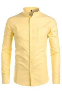 ZEROYAA Mens Hipster Mandarin collar Long Sleeve Button Up Oxford Shirts with chest Pocket Z112 Yellow Medium
