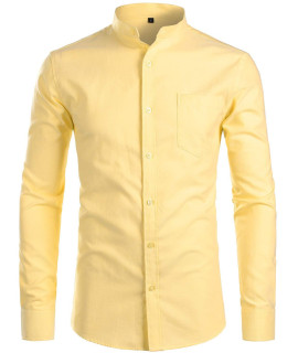 ZEROYAA Mens Hipster Mandarin collar Long Sleeve Button Up Oxford Shirts with chest Pocket Z112 Yellow Medium