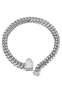 Abaxaca Top Dog Collar White Silver Tone Stainless Steel 14mm Big Dog Luxury Training Collar Cuban Link with Zirconia Lock Necklace Chain Choker for Dog (20 inch(for 17.1"~19" Neck))
