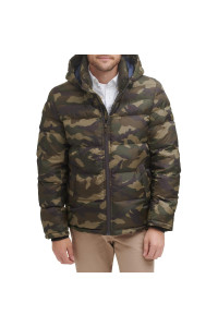 Tommy Hilfiger Mens Hooded Puffer Jacket, Olive camouflage, Large
