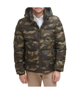 Tommy Hilfiger Mens Hooded Puffer Jacket, Olive camouflage, Large