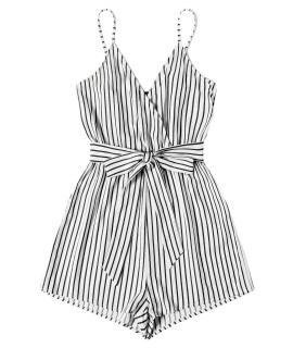 SweatyRocks Womens Sleeveless Striped Print V Neck Beach Shorts Romper Jumpsuit with Belt Black White S