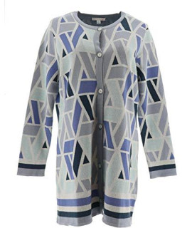 Isaac Mizrahi Geometric Jacquard Sweater Coat Blue Multi XS New A272600