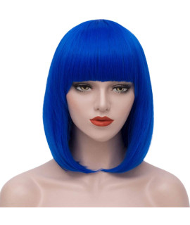 Bopocoko Short Blue Wigs for Women, 12 Blue Bob Hair Wig with Bangs, Natural Fashion Synthetic Full Wig, cute colored Wigs for Daily Party cosplay Halloween BU151BL