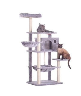 Hey-Brother Extra Big Cat Tree with Feeding Bowl, Cat Condos with Sisal Poles, Hammock and Cave, Padded Platform, Climbing Tree for Cats, Anti-toppling Devices (Light Gray) MPJ022W