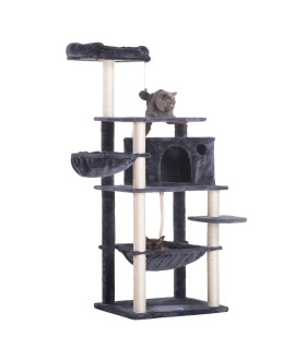 Hey-Brother Extra Big Cat Tree with Feeding Bowl, Cat Condos with Sisal Poles, Hammock and Cave, Padded Platform, Climbing Tree for Cats, Anti-toppling Devices (Smoky Gray) MPJ022G