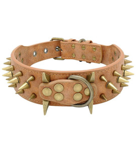 Berry Pet 2 Spiked Leather Dog Collar - Anti-Bite Sharp Rivet Studded For Pit Bull Medium Large Dogs,Brown Neck For 185-235 Total Length 255