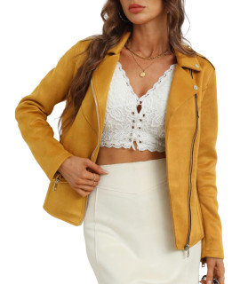 Bellivera Faux Suede Leather Jackets for Women, Spring Moto Biker Short coat with 2 Pockets 64K Yellow L