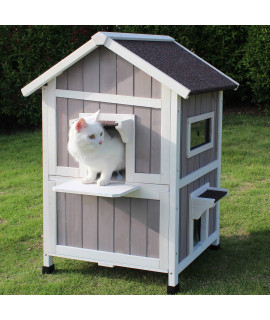 Feral cat Shelter Outdoor with Escape Door Rainproof Outside cat House Two Story for Three-Four cats