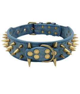Berry Pet 2 Spiked Leather Dog Collar - Anti-Bite Sharp Rivet Studded For Pit Bull Medium Large Dogs,Blue Neck For 185-235 Total Length 255
