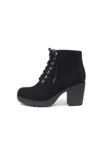 Soda Second Lug Sole Chunky Heel Combat Ankle Boot Lace Up Wside Zipper (65, Black Imitation Suede)