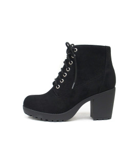 Soda Second Lug Sole Chunky Heel Combat Ankle Boot Lace Up Wside Zipper (65, Black Imitation Suede)