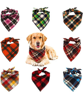 VIPITH 8 Pack Triangle Dog Bandana, Reversible Plaid Painting Bibs Scarf, Washable and Adjustable Kerchief Set for Dogs cats PetsAA
